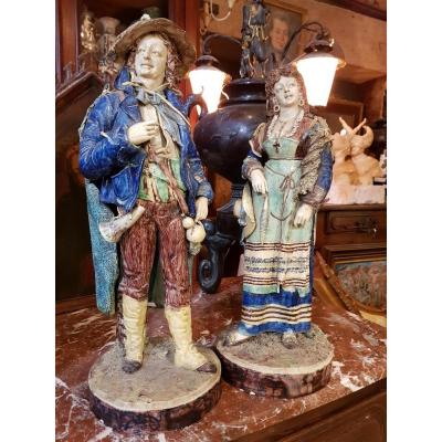 Pair Of Statues Signed Achille Barbizet After Palissy Italian Couple