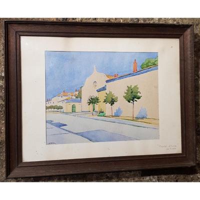 Watercolor Circa 1930 La Rochelle Representing The Saint Louis Hospital Signed