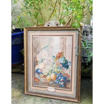 Watercolor By Willem Van Leen (1753-1825) Flowers, Fruits And Ancient Ruins.