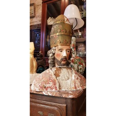 Bust Of Saint Corneille Cornely In Polychrome And Gilded Limestone