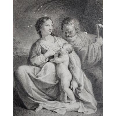 Drawing In Pencil And Ink 18th Representing The Break Of The Holy Family, Flight Egypt