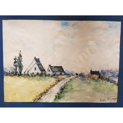 Breton Watercolor Signed Henri Noizeux (1871-?) Country Houses In Brittany