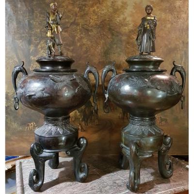 Large Pair Of Pots Or Koro Covered With Statuettes Attr. Miyao Workshop Bronze Meiji Period