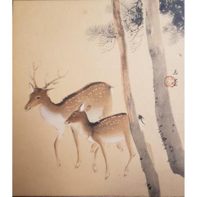 Watercolor And Gouache Japanese Deer On Silvered Paper 20th Century