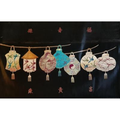 Chinese Embroidery Embroidered Panel With 7 Lanterns And Auspicious Symbols Qing Dynasty