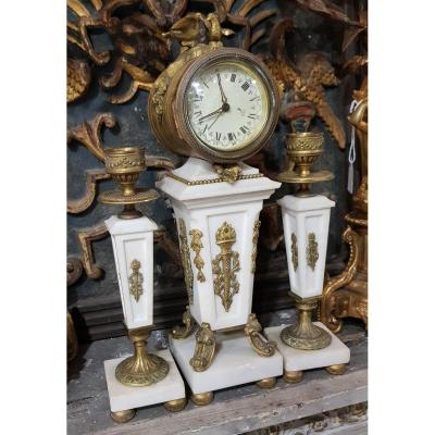 Small Fireplace Or Chest Of Drawers In Marble And Gilt Bronze With Clock And Candlesticks
