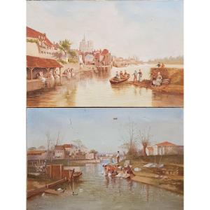 Pair Of Paintings Signed Robitaillie Lavandières On The Riverside