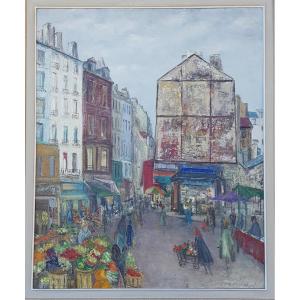 Large Painting The Market Rue Mouffetard In Paris 5th Arrondissement 1961 Francavilla