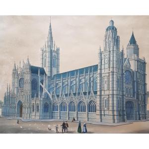 Large Architectural Drawing Cathedral Of Evreux Normandy Attr. Isidore Laurent Deroy