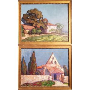 Pair Of Paintings By Pierre Molinier (1900-1976) Landscapes Of The Lot Et Garonne Agen Bordeaux