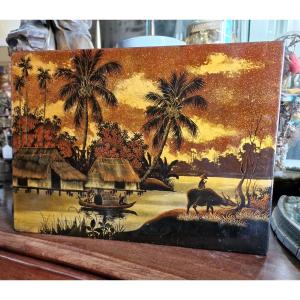Vietnamese Panel In Lacquered Wood Decor Of Landscapes And Life Scenes Of Vietnam