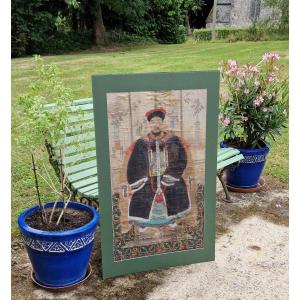 Portrait Of Chinese Prince Or Dignitary Surrounded By Flower Vases