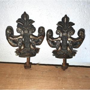 Pair Of Bronze Elements, Musician Mermaids, Curiosa ? 19thc