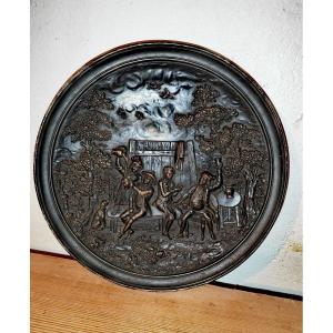 Painted Terracotta Dish, After Teniers, Drinking Scene, England 19th Century