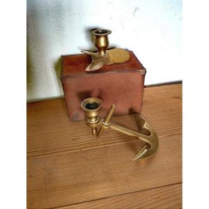 Pair Of Brass Candlesticks, Marine Subjects, Propeller & Anchor, Early Twentieth