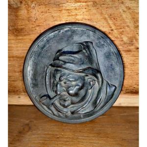 Superb Wall Pyrogen, Bronze High Relief Profile, Pipe Smoker, 19th Century Tobacco Item