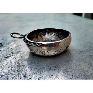 Large Wine Tasting Cup, Sterling, Goldsmith Tm & Old Man, Center Of France, Early 19thc