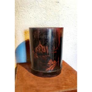 Japanese Signed Brush Pot, Lacquered, Carved Bamboo, Lacustrian & Mountain Landscape 19thc