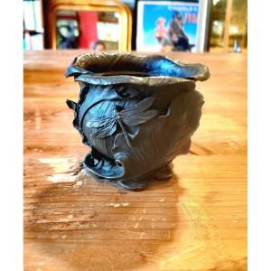 Elegant Bronze Pot, Japanese Decor, Foliage & Dragonfly, Art Nouveau Period, Circa 1890