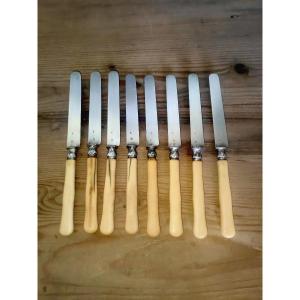 8 Dessert Or Fruit Knives, Silver Sterling Blades & Ferrules, Minerva Hallmark 19th Century 