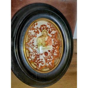 Paperolles Reliquary, Napoleon III Frame, Curved Glass, Relics, Religious Item 19th Century 