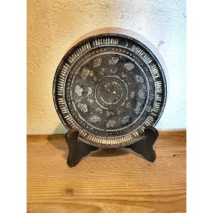 Pretty Small Bidri Dish, Silver Inlays, Flowers, Deccan, 18-19th Century