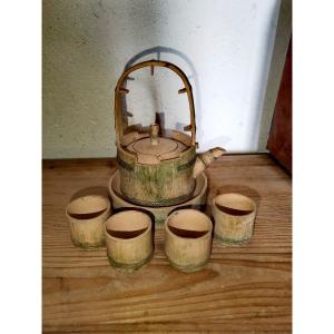 Teapot, Tray & 4 Cups, Yixing Stoneware, Bamboo Trompe l'Oeil, China 20th Century