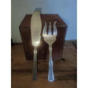Fish Cutlery, Silver Metal, Cambodia Or Burma Early 20th Century, Leaf Garlands