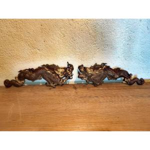 Beautiful Pair Of Furnishing Decorations, Patinate & Gilt Bronze, 19th Century, Water Dragons 