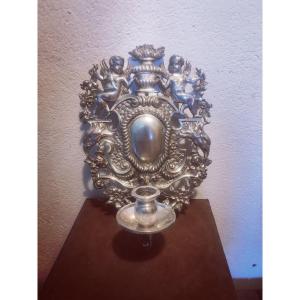 Beautiful Wall Or Reflector Candlestick, Silvered Bronze, Amours, 19th Century Or Earlier 