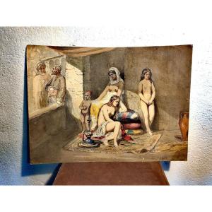 Beautiful French Orientalist Watercolor Drawing, Pleasure House, Signature E.s, Porto 1852