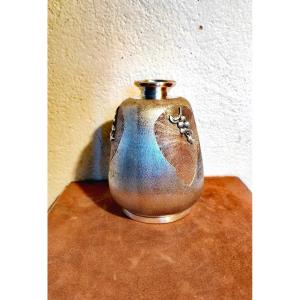 Cute Tea Ceremony Vase, Silvered Copper & Silver, Hanakago Ikebana, Japan Meiji 19th Century