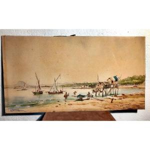 Beautiful Large Watercolor, Marine Subject, émile Henry, Cove And Boats, Late 19th Century