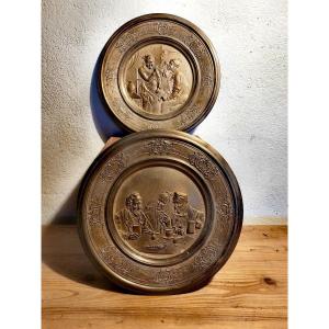 Pair Of Decorative Bronze Plates, Amusing Scenes Of Life, Late 19th Century