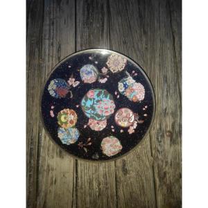 Great Cloisonné Enamel Dish, Rare Model, Black & Gold Glitter, Floral Decor, Japan Meiji 19th C