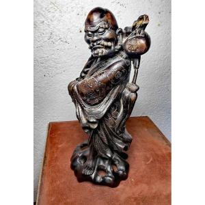 Beautiful Hongmu Sculpture Silver Wire Inlaid, Itinerant Monk, Chinese Or Vietnamese 19th C