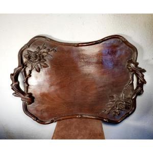 Important Wooden Tray, High Relief Sculpture Flowers And Sinuous Branches, Vietnam 1900