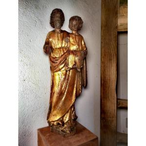 Beautiful Wooden Sculpture, Lacquered, Gilt, Saint Joseph & Child, France Late 17thc