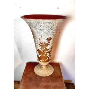 Beautiful Eggshell Lacquer Vase, Gold And Red Lacquer Chrysanthemums, Thanh Ley, Vietnam 20th Century