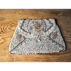 Pretty Evening Clutch Bag, Thread Embroidery, Floral Decor And Glass Beads, Art Nouveau 