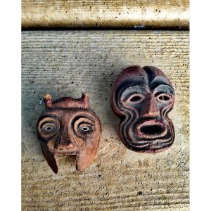 Amazing, 2 Miniature Masks, Cardboard And Painted Paper, Henri Cordreaux, Early 20th Century 