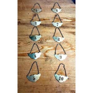 Beautiful Set Of 10 Bottle Labels, Nickel Silver Numbers, Free Form, Early 20th Century 