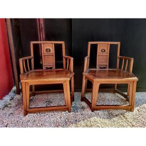 Beautiful Pair Of Chinese Hexagonal Armchairs In Hongmu Wood, Openwork Lingzhi Decor, 19thc 