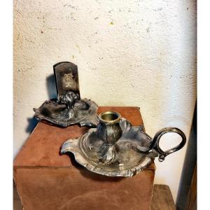 2 Beautiful Silver-plated Pewter Items, Art Nouveau, Candlesticks And Match Holders, Wmf