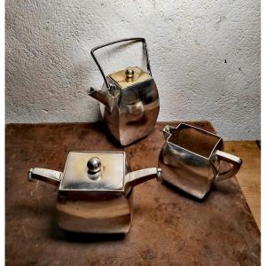Beautiful Modernist 3-pieces Silver & Gilt Metal Coffee Set, Art & Craft Victor Saglier 