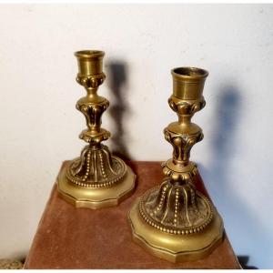  Pair Of Bronze Candlesticks, Silvered, Louis XV Style And Probable Period, France 18thc-19thc