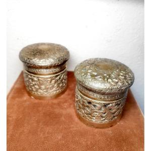 Pair Of Pretty Chiseled Silver Boxes, Plant Decoration, Cambodia, Early 20thc