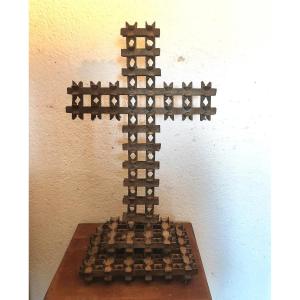 Great Primitive, Folk Art, Wooden Cross, Interlocking Carved Parts, Religious, Late 19th C