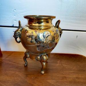 Beautiful Incense Burner, Shibuichi Copper & Silver On Bronze, Herbalist & Chimeras, Japan 19th