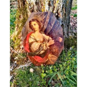 Beautiful Painting On Wood Panel, Judith And Holoferne, 18th Century 